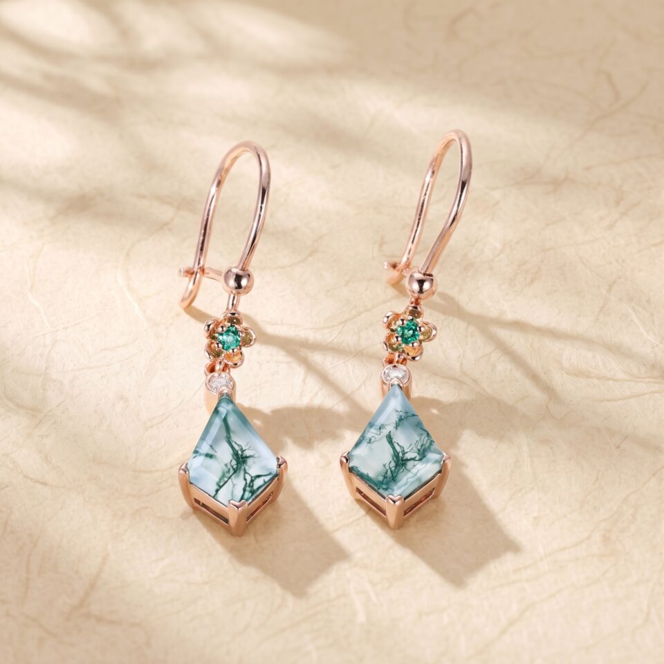 Moss Agate Dangle Earrings with Kite Cut Gemstones and Floral Emeralds (5)
