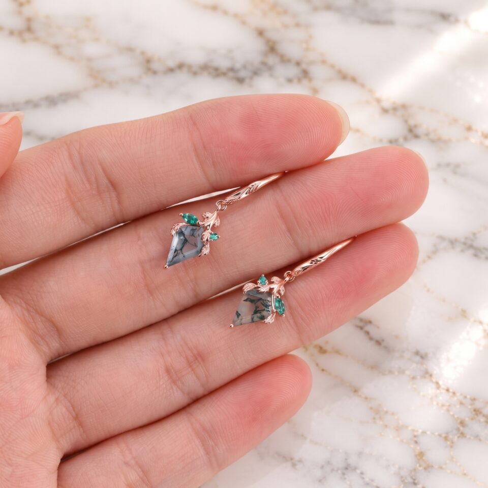 Moss Agate Dangle Earrings with Kite Cut Stones and Emerald Leaf Accents (1)