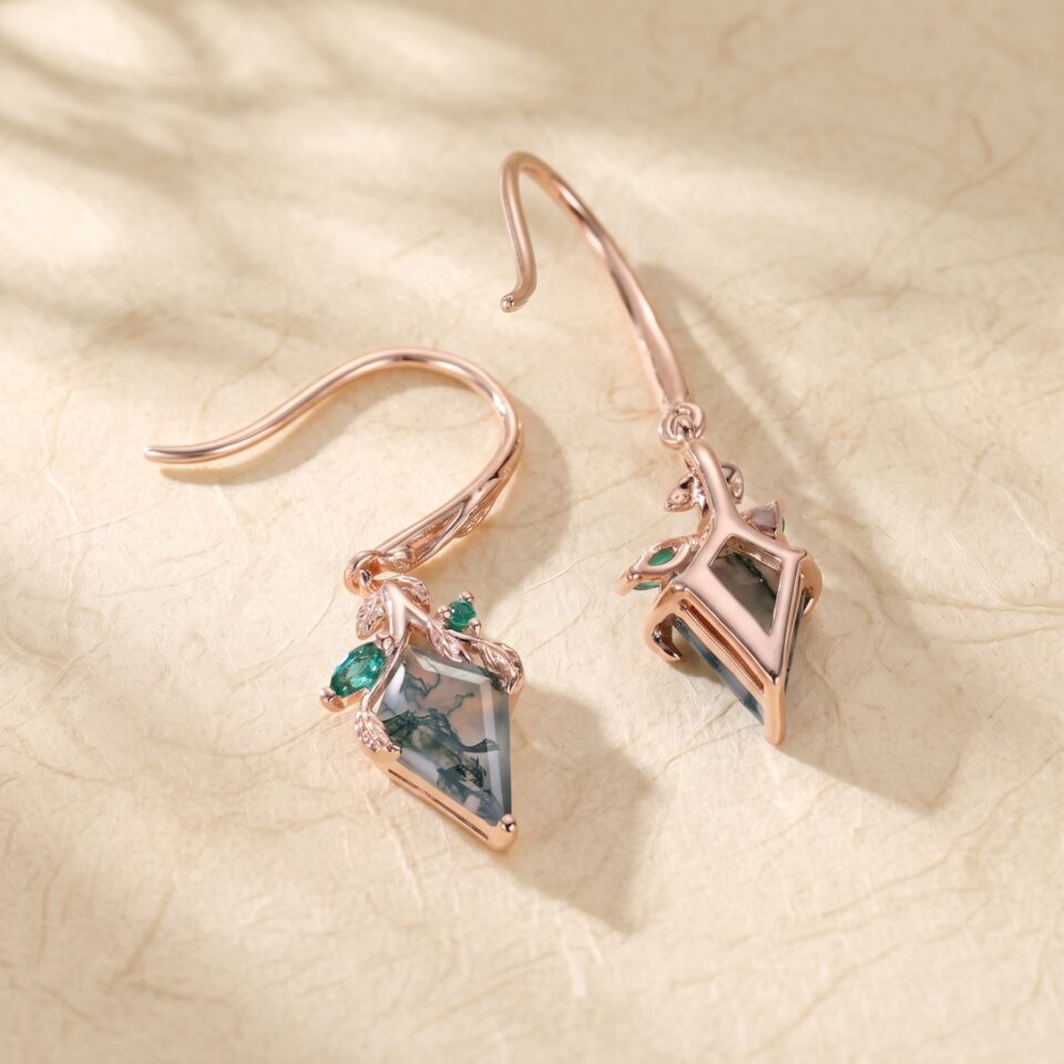 Moss Agate Dangle Earrings with Kite Cut Stones and Emerald Leaf Accents (2)