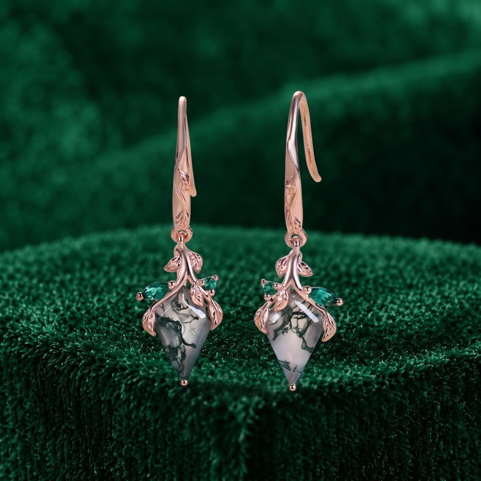 Moss Agate Dangle Earrings with Kite Cut Stones and Emerald Leaf Accents