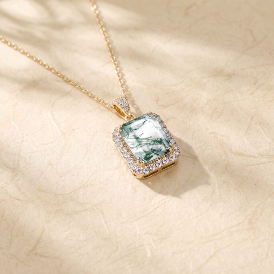 Moss Agate Emerald Cut Halo Necklace with Double Claw Setting (4)