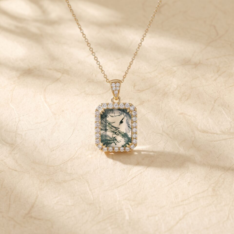 Moss Agate Emerald Cut Halo Necklace with Double Claw Setting (5)