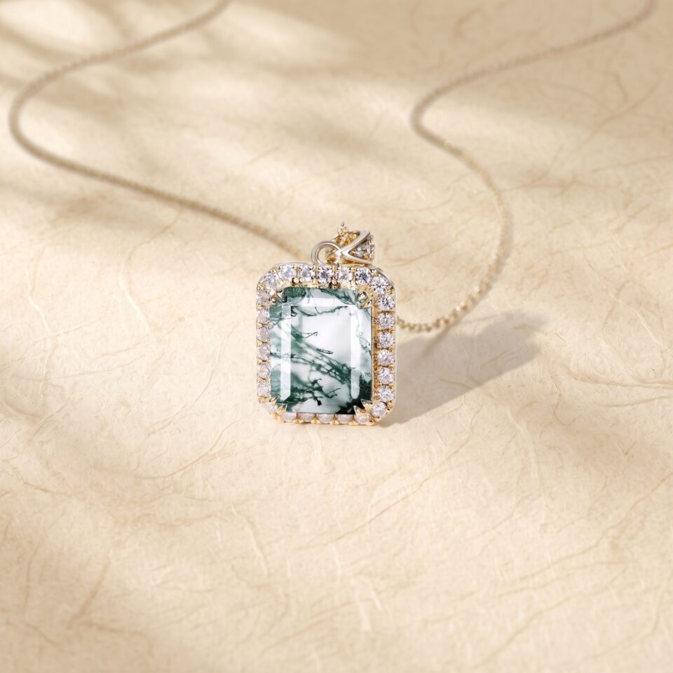 Moss Agate Emerald Cut Halo Necklace with Double Claw Setting (6)
