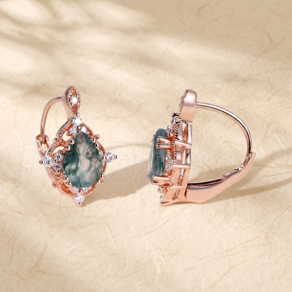Moss Agate Pear Cut Vintage Filigree Halo Leverback Earrings (1)