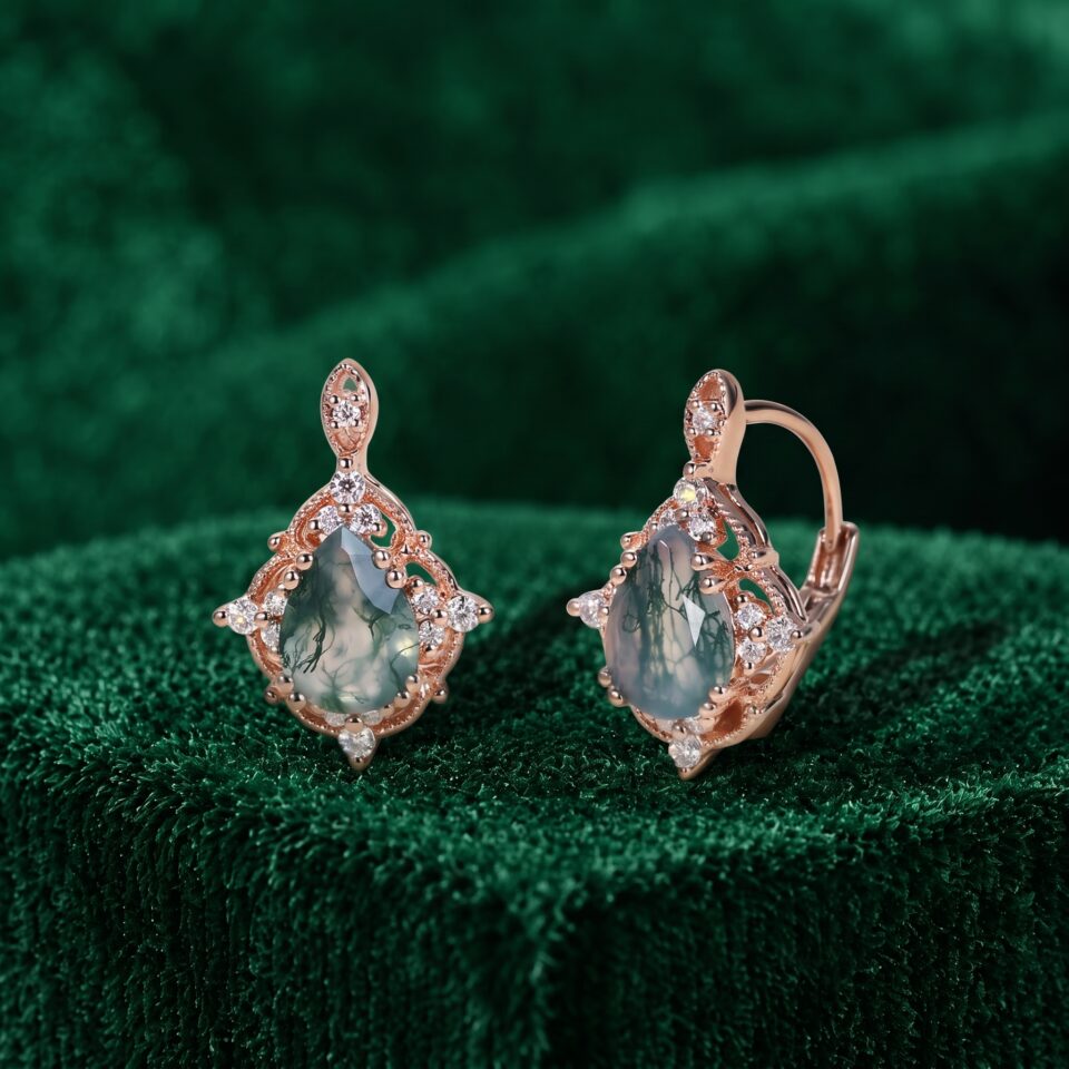 Moss Agate Pear Cut Vintage Filigree Halo Leverback Earrings