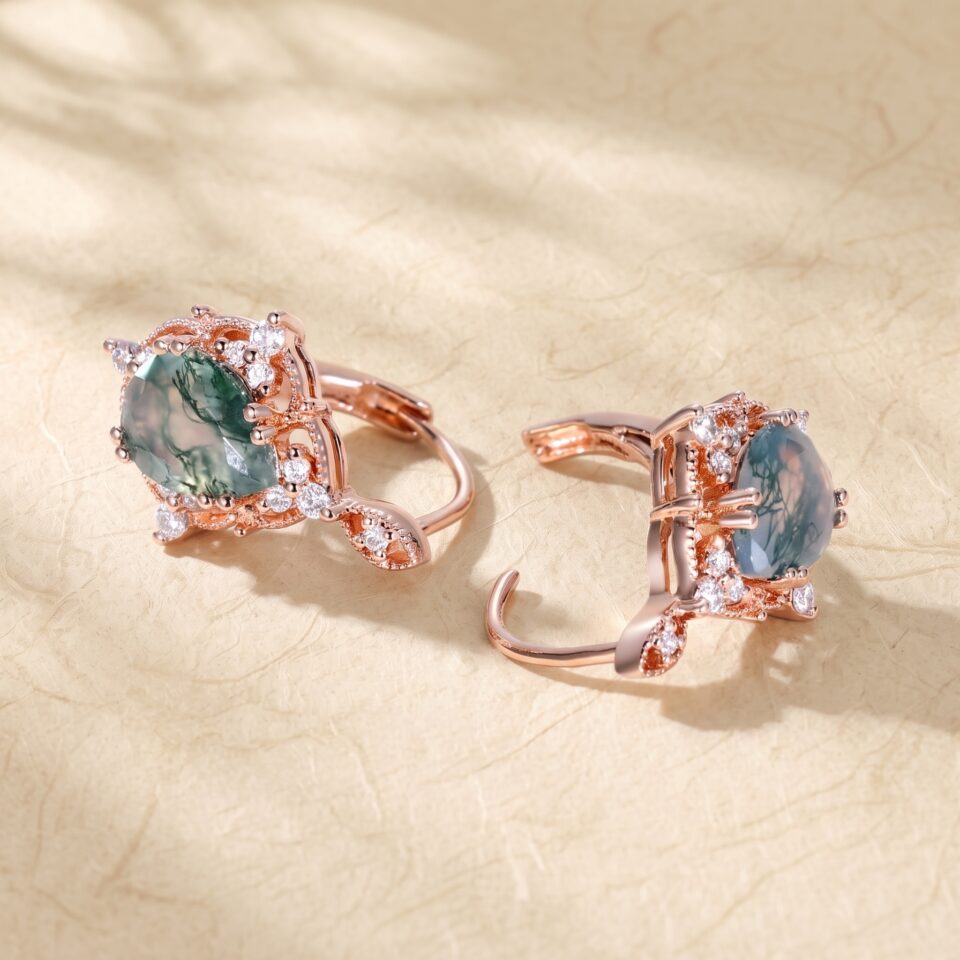 Moss Agate Pear Cut Vintage Filigree Halo Leverback Earrings (4)