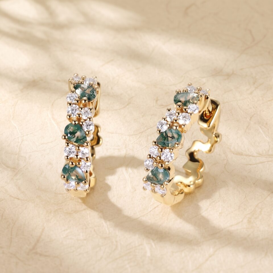 Moss Agate and Round Moissanite Huggie Earrings with Alternating Gemstones (1)