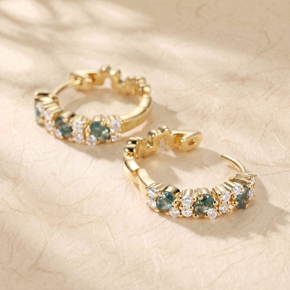 Moss Agate and Round Moissanite Huggie Earrings with Alternating Gemstones (2)