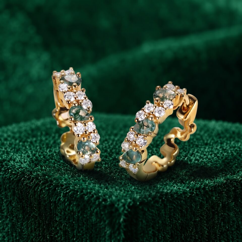 Moss Agate and Round Moissanite Huggie Earrings with Alternating Gemstones
