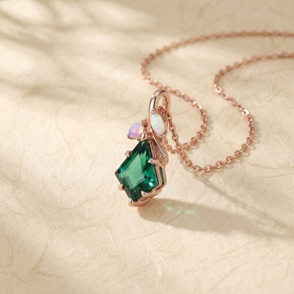 Nature Inspired Kite Cut Emerald Leaf Necklace with Opal Accents (1)