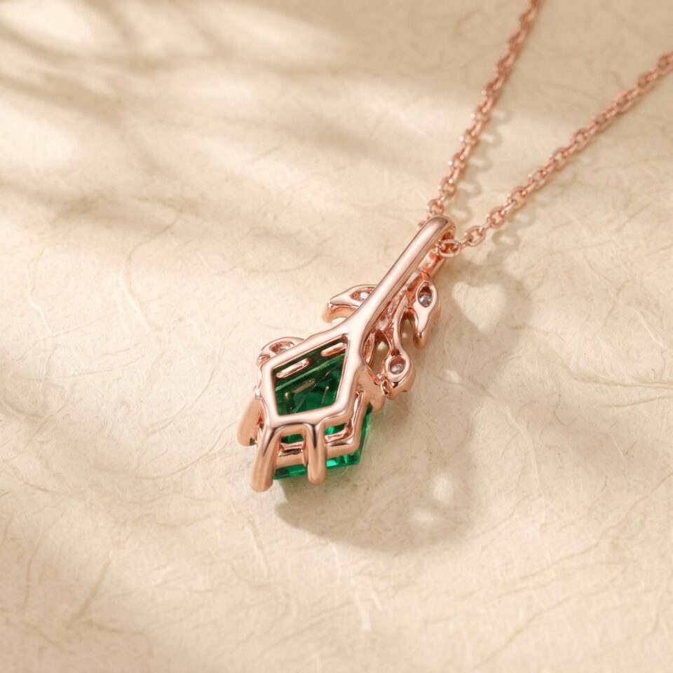 Nature Inspired Kite Cut Emerald Leaf Necklace with Opal Accents (2)