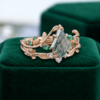 Nature-Inspired Kite-Cut Moss Agate Bridal Ring Set with Leaf Motif (2)