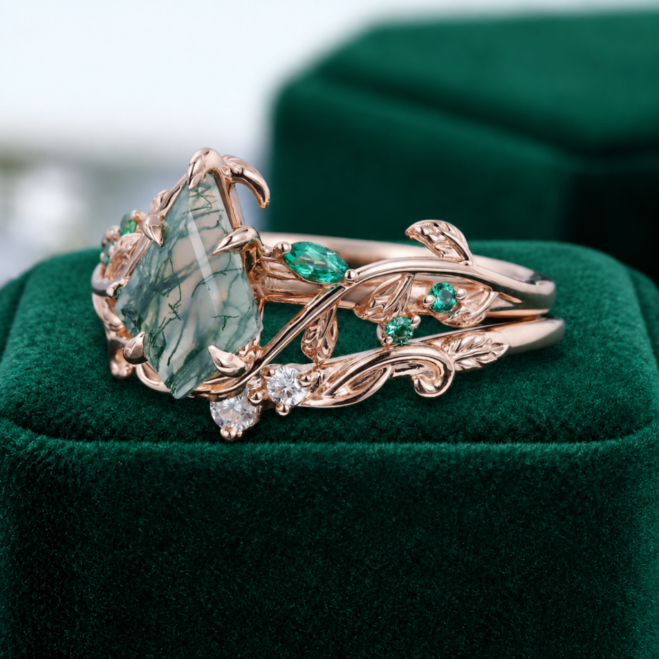 Nature-Inspired Kite-Cut Moss Agate Bridal Ring Set with Leaf Motif (3)