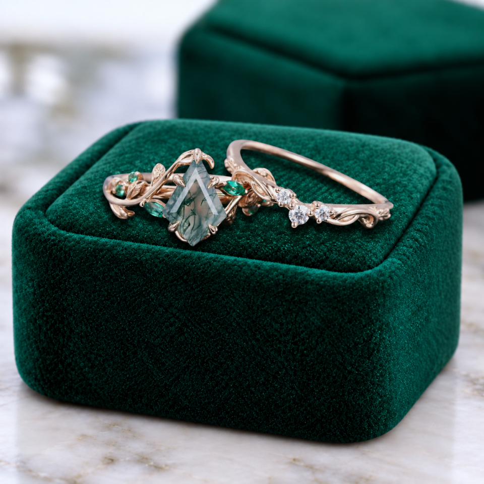 Nature-Inspired Kite-Cut Moss Agate Bridal Ring Set with Leaf Motif (4)