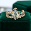 Nature-Inspired Kite-Cut Moss Agate Bridal Ring Set with Leaf Motif (6)