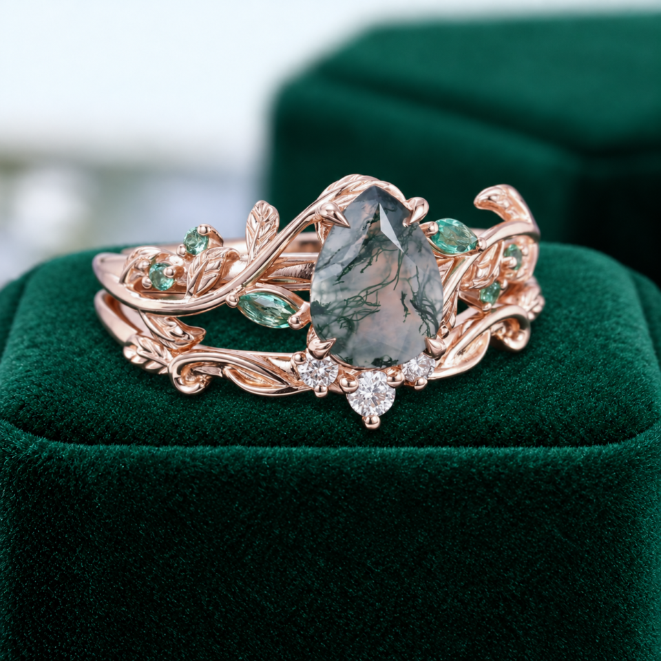 Nature-Inspired Pear-Cut Moss Agate Bridal Ring Set with Leaf Motif (1)