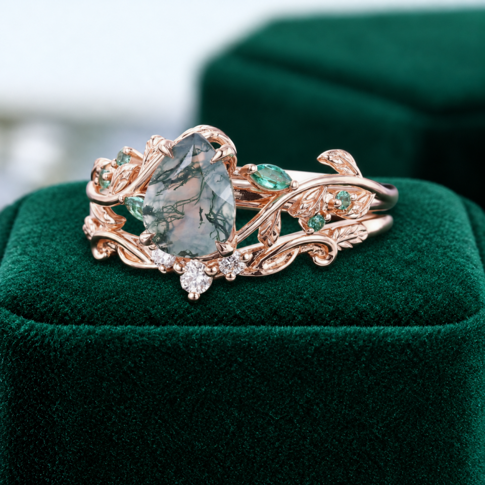 Nature-Inspired Pear-Cut Moss Agate Bridal Ring Set with Leaf Motif (2)