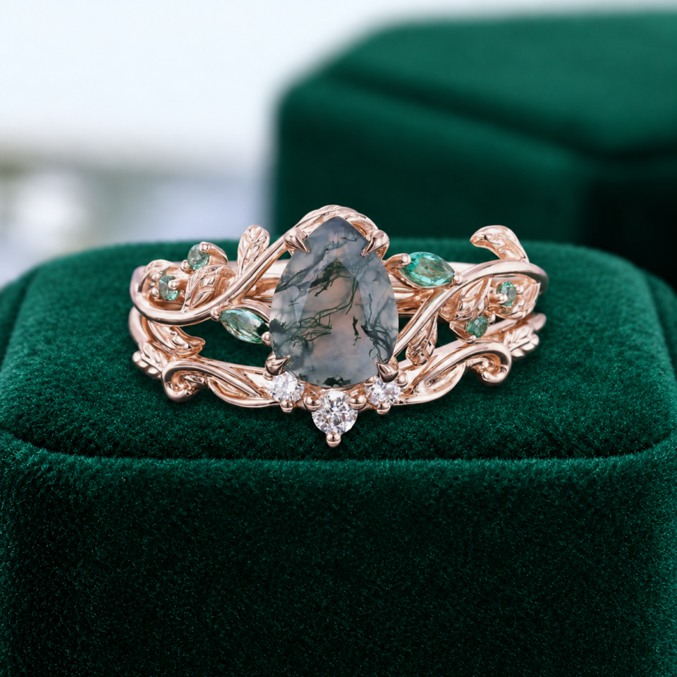 Nature-Inspired Pear-Cut Moss Agate Bridal Ring Set with Leaf Motif