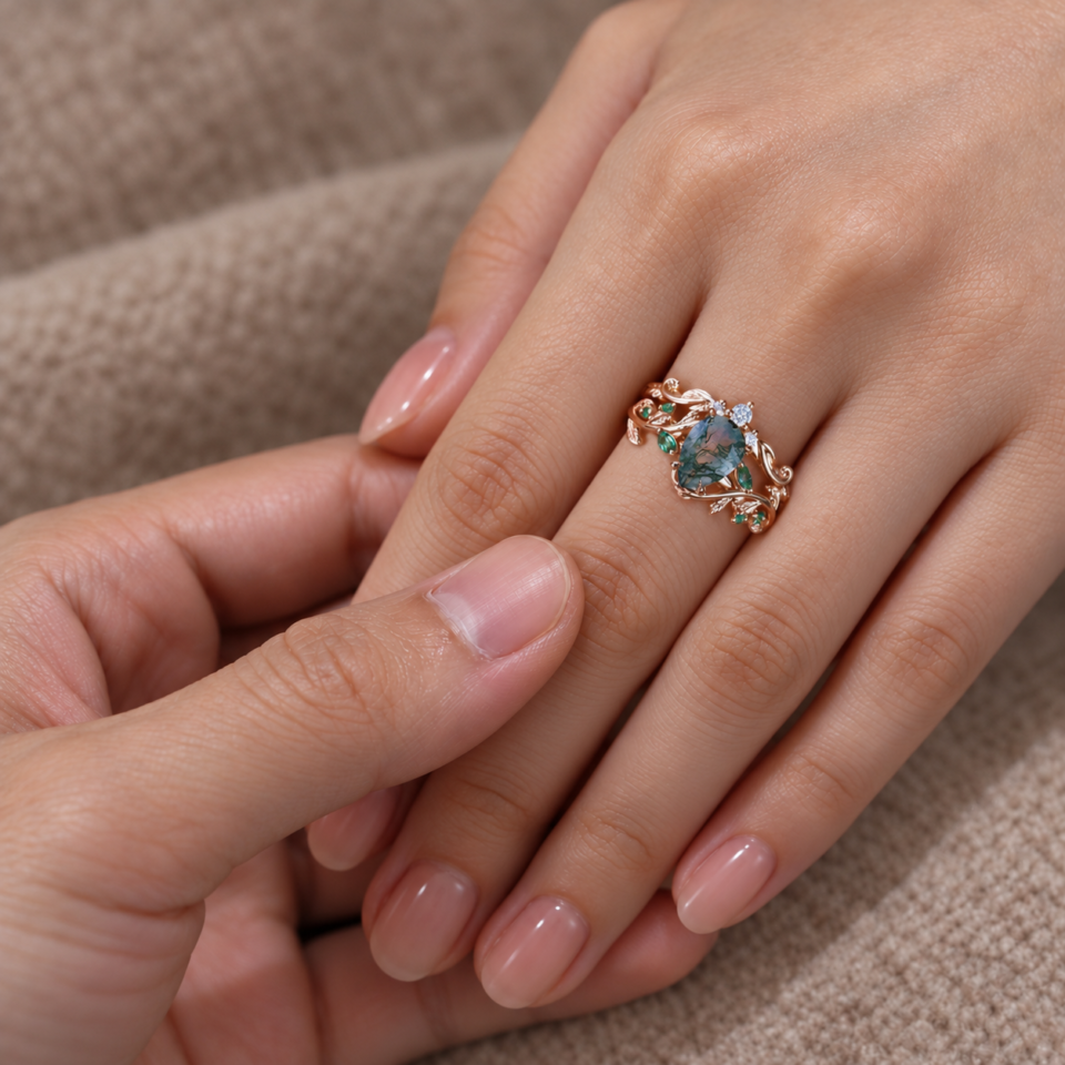 Nature-Inspired Pear-Cut Moss Agate Bridal Ring Set with Leaf Motif (5)