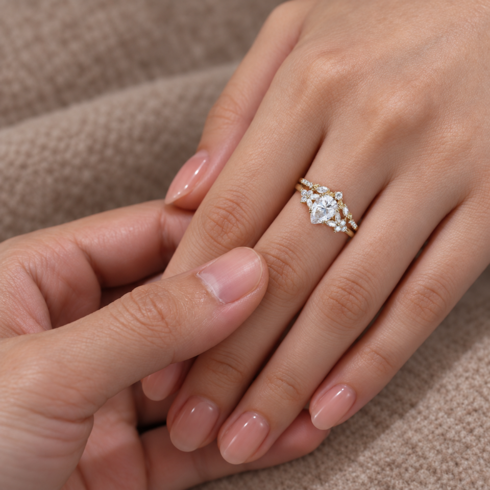 Nature-Inspired Pear Moissanite Engagement Ring Set with Leaf-Carved Band (4)