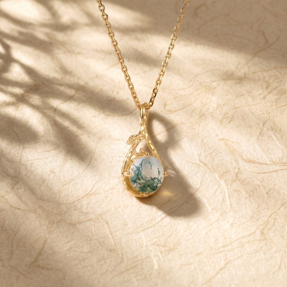 Nature Inspired Round Cut Moss Agate Infinity Leaf Pendant Necklace1