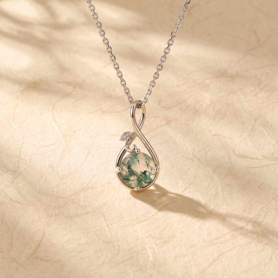 Nature Inspired Round Cut Moss Agate Infinity Leaf Pendant Necklace4