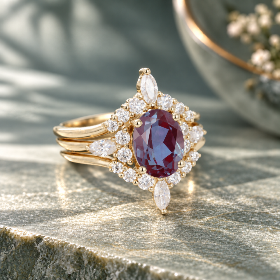 Oval-Cut Alexandrite Bridal Engagement Ring Set – 3PCS Set (1)