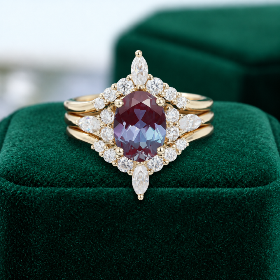 Oval-Cut Alexandrite Bridal Engagement Ring Set – 3PCS Set