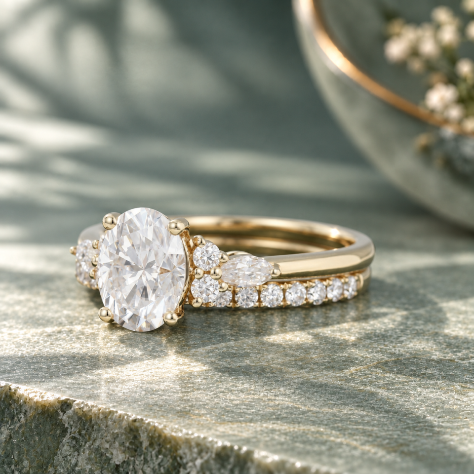Oval-Cut Moissanite Bridal Ring Set in Yellow Gold (1)