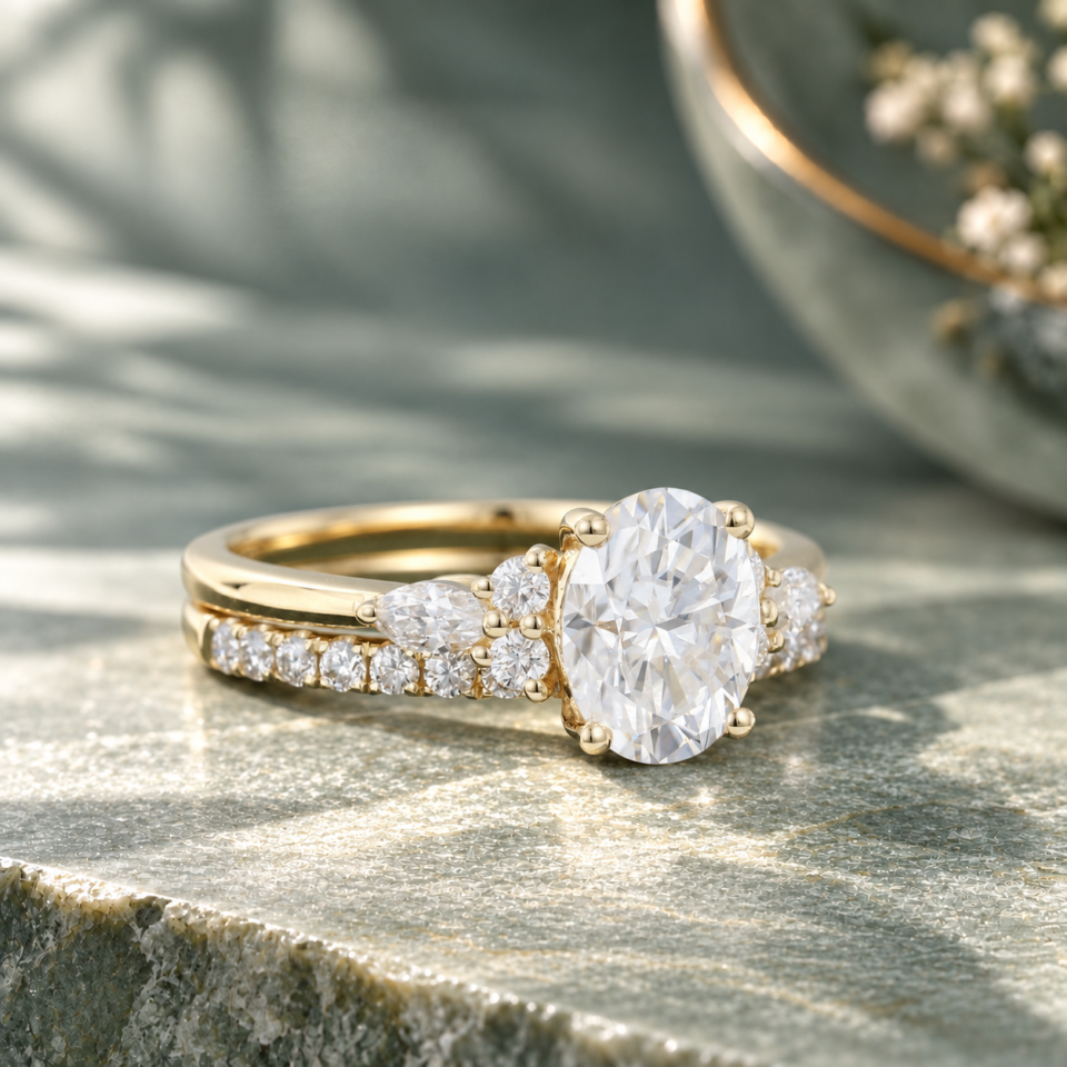 Oval-Cut Moissanite Bridal Ring Set in Yellow Gold (3)
