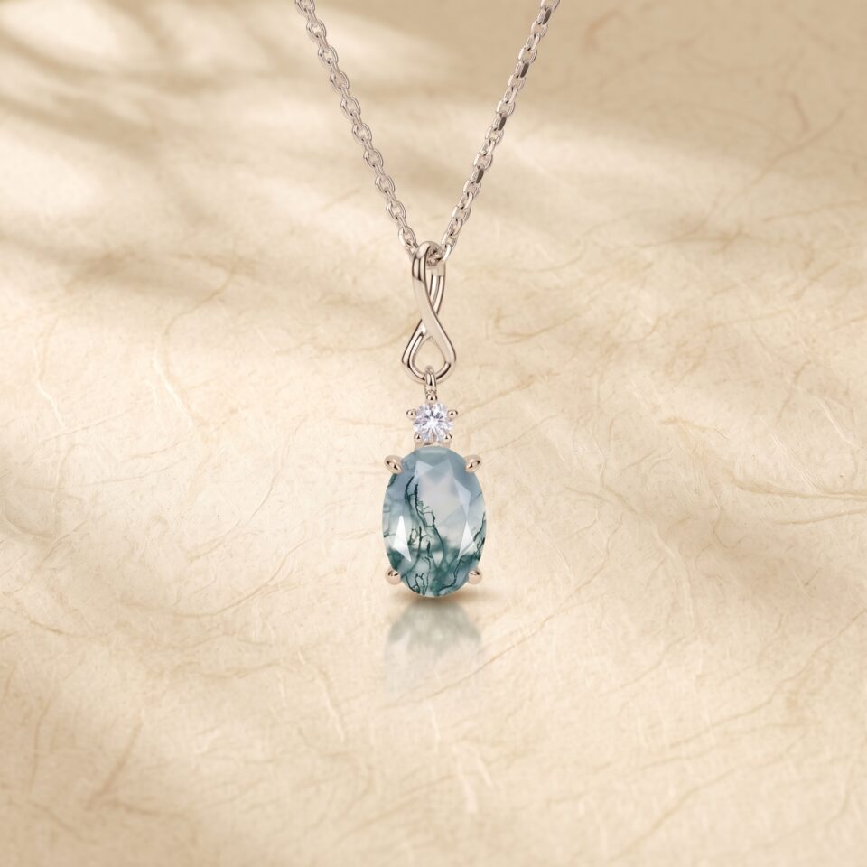 Oval Cut Moss Agate Diamond Accent Infinity Necklace1