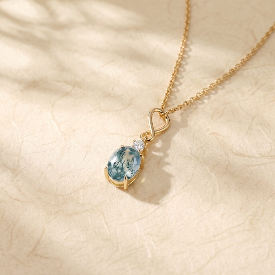 Oval Cut Moss Agate Diamond Accent Infinity Necklace3