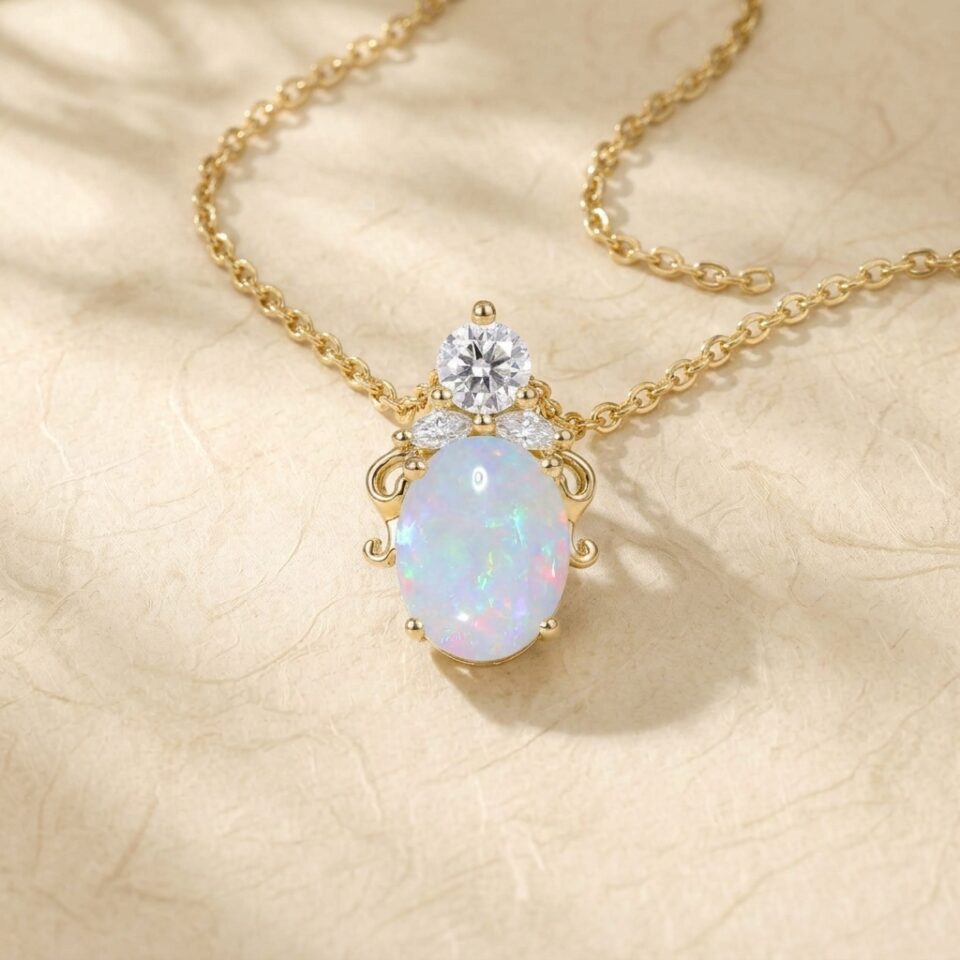 Oval Cut Natural Opal Necklace with Elegant Filigree Details (3)