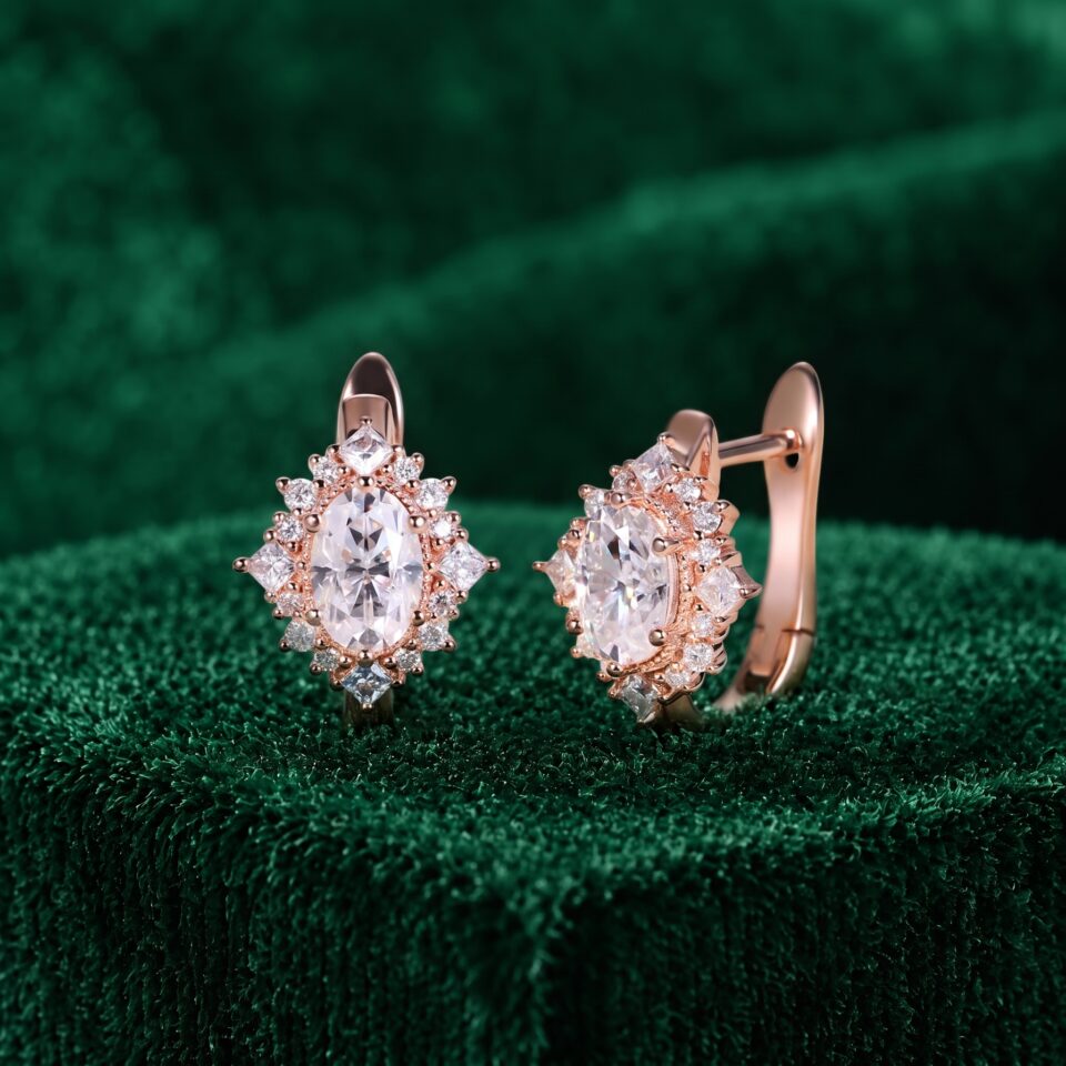 Oval Moissanite Halo Huggie Hoop Earrings with Vintage Milgrain Accents