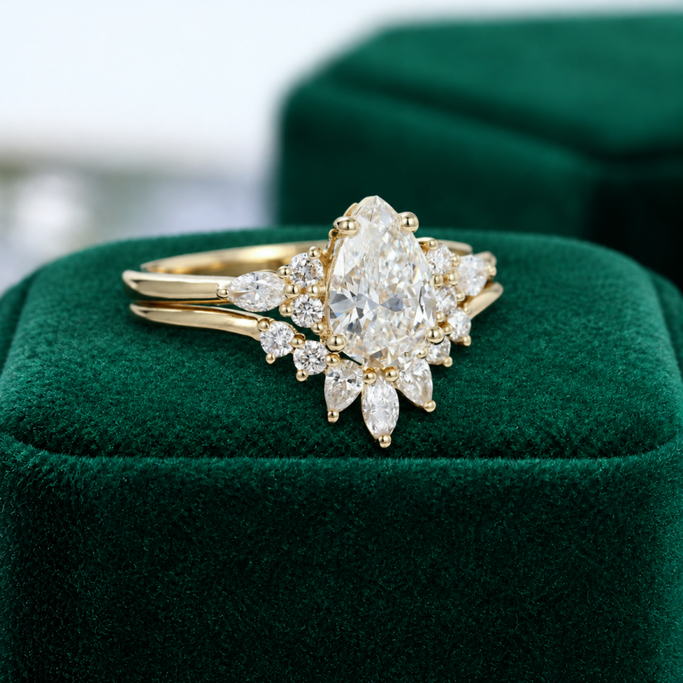 Pear-Cut Carat Moissanite Engagement & Wedding Ring Set Yellow Gold (2)