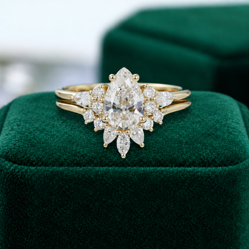 Pear-Cut 1.5 Carat Moissanite Engagement & Wedding Ring Set – Yellow Gold