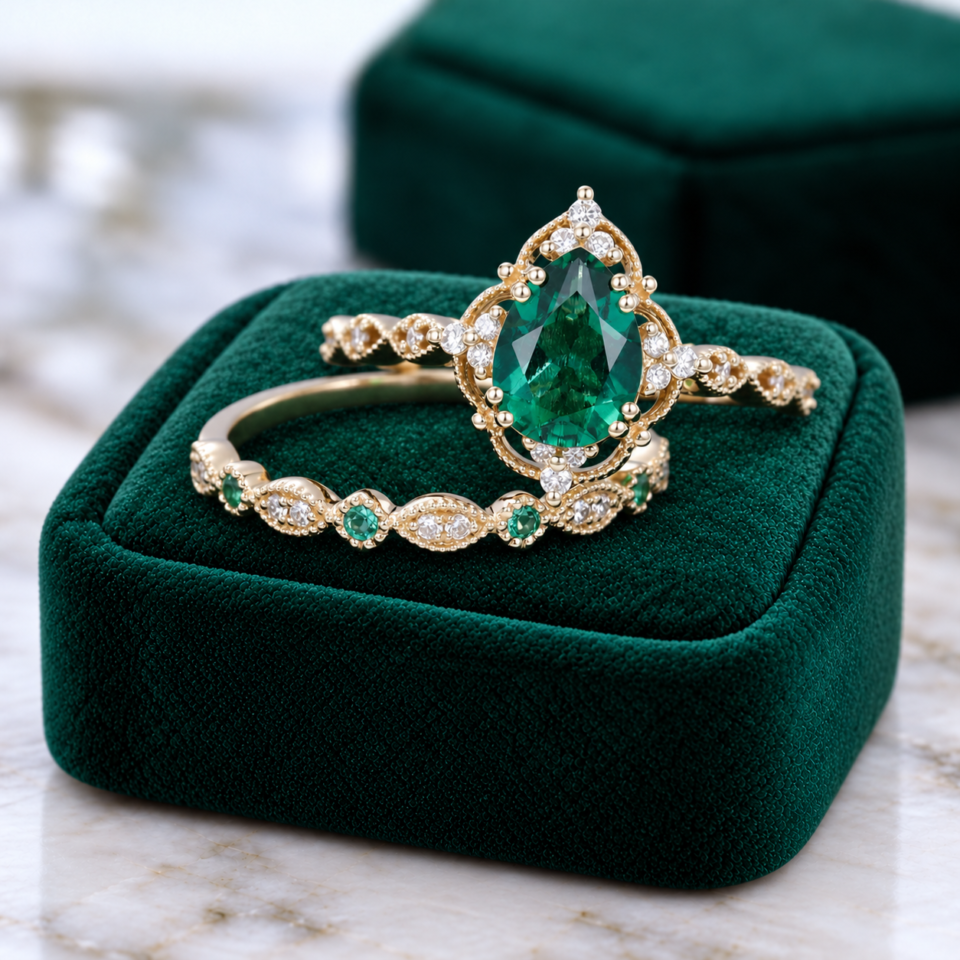 Pear-Cut Emerald Engagement & Wedding Ring Set – Floral Halo Style
