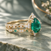 Pear-Cut Emerald Engagement & Wedding Ring Set – Floral Halo Style (2)