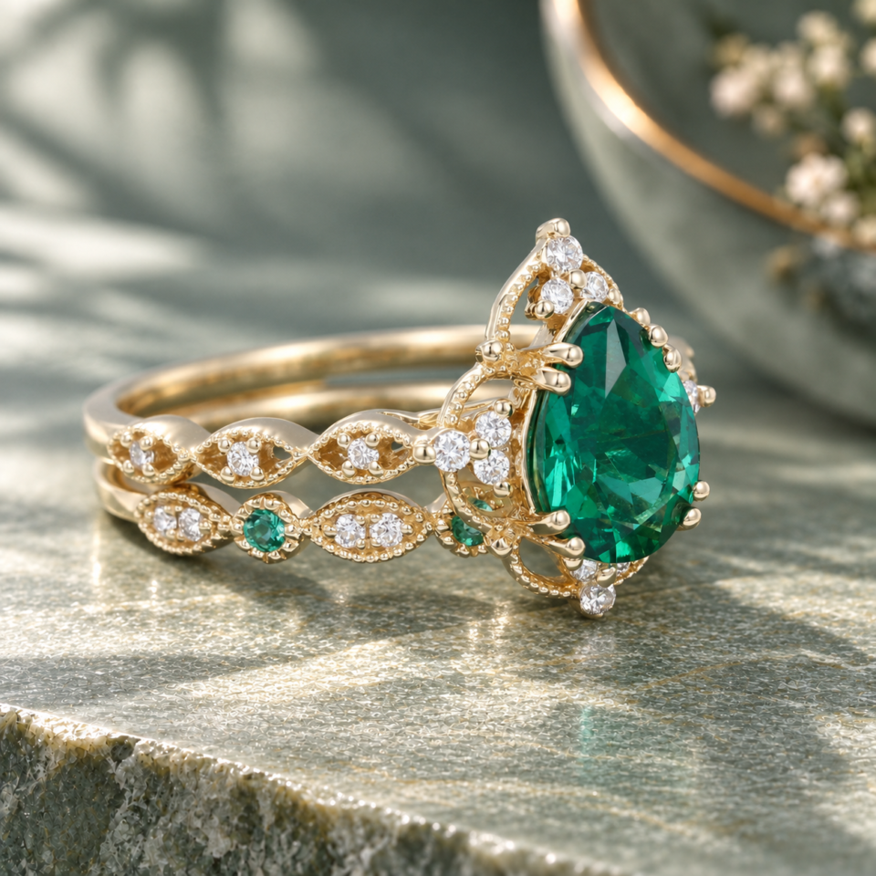 Pear-Cut Emerald Engagement & Wedding Ring Set – Floral Halo Style (2)