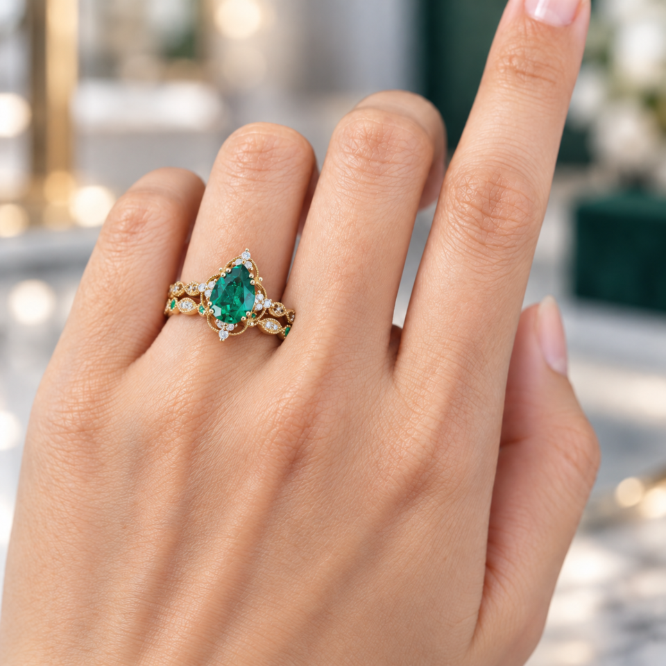 Pear-Cut Emerald Engagement & Wedding Ring Set – Floral Halo Style (3)