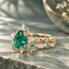 Pear-Cut Emerald Engagement & Wedding Ring Set – Floral Halo Style (4)