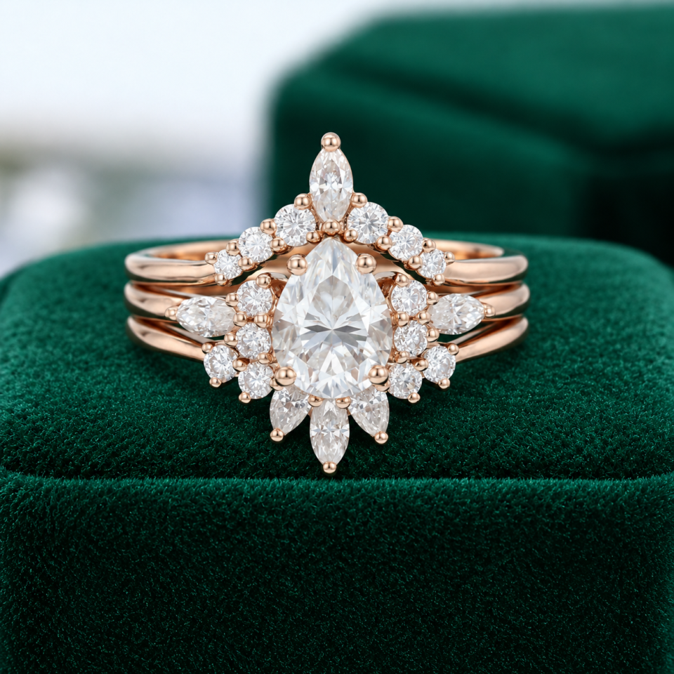 Pear-Cut Moissanite 3PCS Engagement & Wedding Ring Set