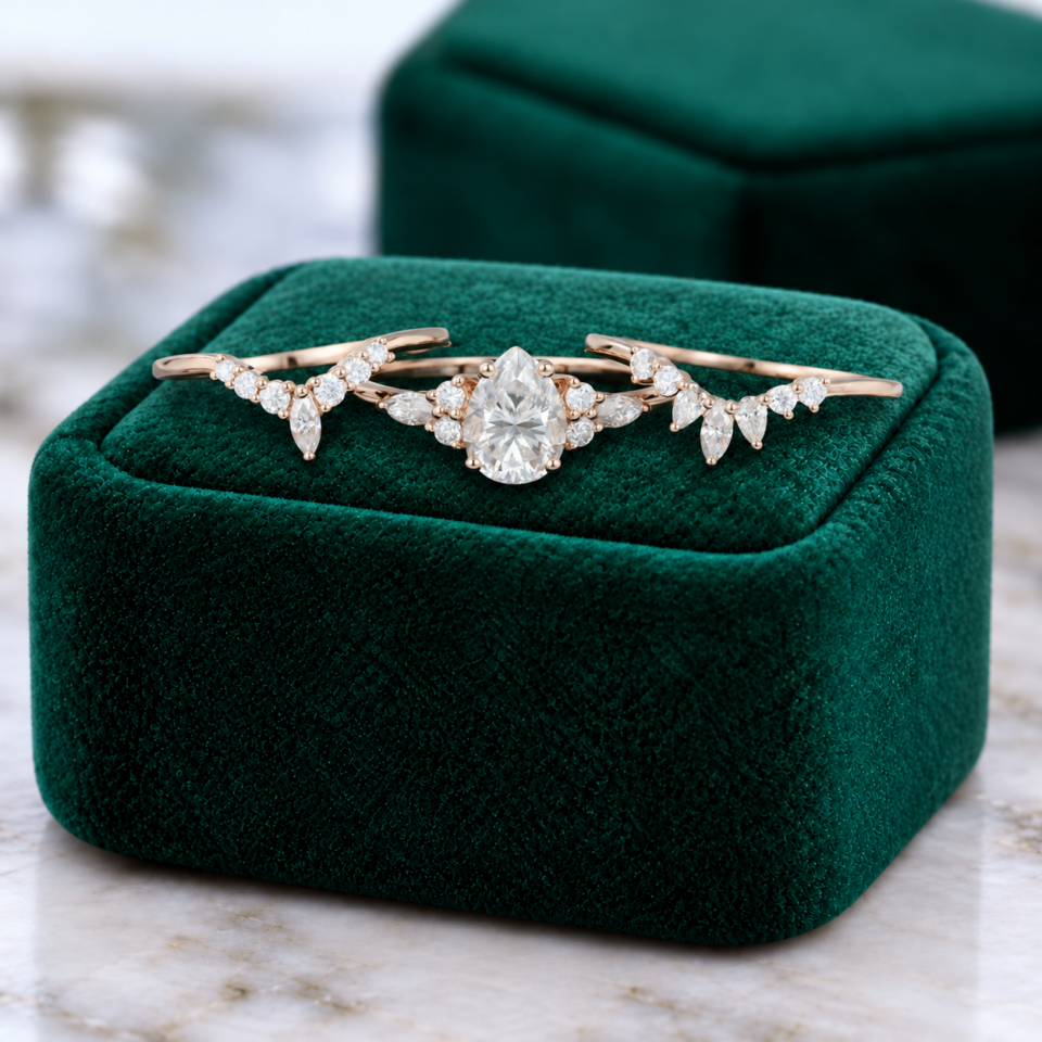 Pear-Cut Moissanite 3PCS Engagement & Wedding Ring Set (3)