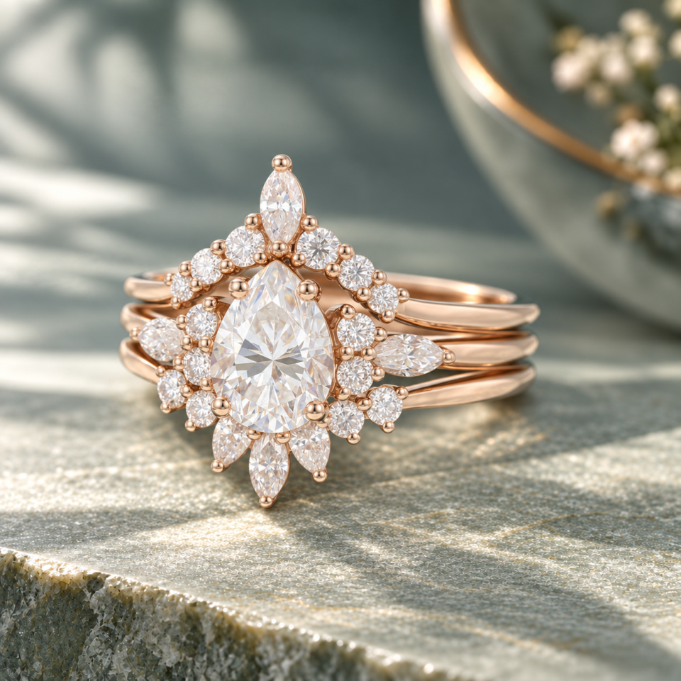 Pear-Cut Moissanite 3PCS Engagement & Wedding Ring Set (5)