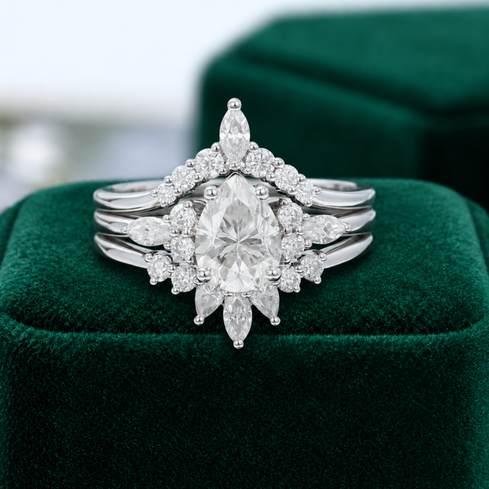 Pear-Cut Moissanite 3PCS Engagement & Wedding Ring Set (6)