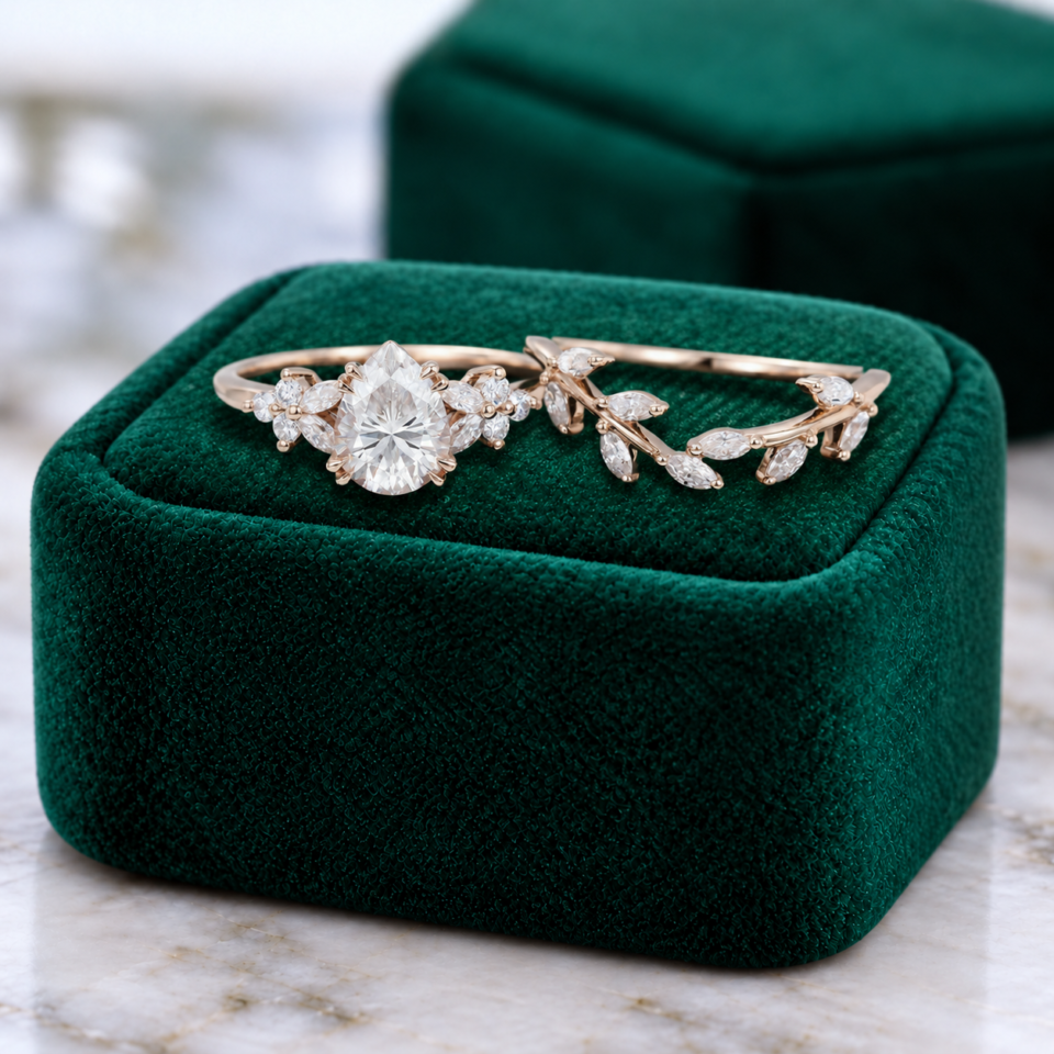 Pear-Cut Moissanite Engagement Ring Set with Nature-Inspired Design (3)