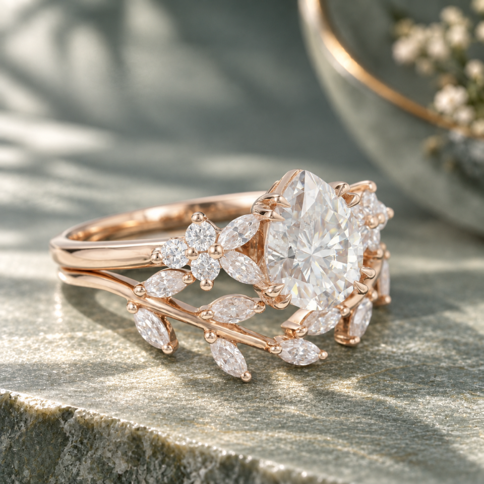 Pear-Cut Moissanite Engagement Ring Set with Nature-Inspired Design (4)