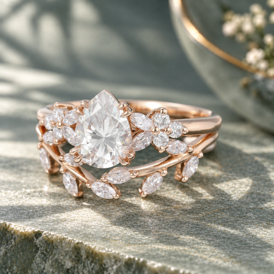 Pear-Cut Moissanite Engagement Ring Set with Nature-Inspired Design (5)