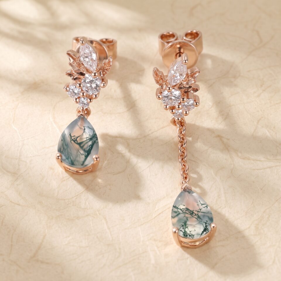 Pear Cut Moss Agate Earrings with Asymmetrical Maple Leaf Design (1)