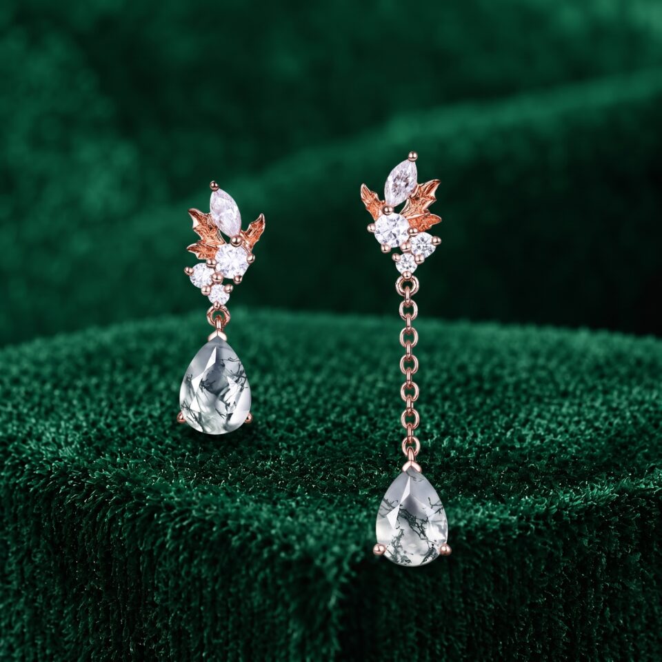 Pear Cut Moss Agate Earrings with Asymmetrical Maple Leaf Design